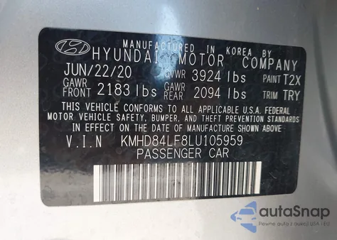 2020 Hyundai Elantra Sel z USA, uszkodzony, nr VIN KMHD84LF8LU105959